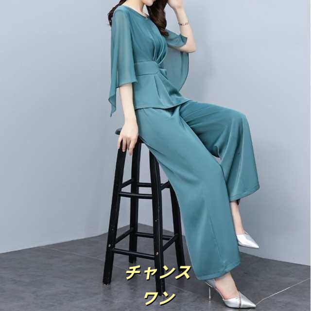 シフォンパンツドレス セットアップ レディース パンツセットアップ シフォンセットアップ パンツドレス スーツ ドレス シアー袖 タック