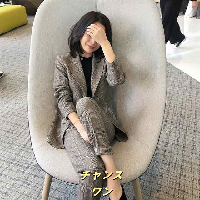スーツ レディース セットアップ 秋冬 新作 チェック柄 グレー ライトグレー 赤 かっこいい ジャケット パンツスーツ ゆったり OL 通勤ス