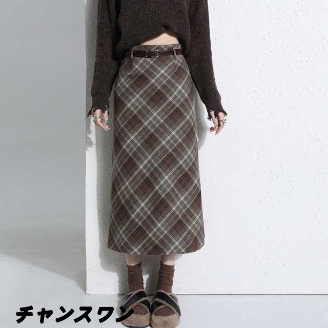 毛混紡 チェック柄 ミディスカート 女性用 秋冬新作 ハイウエスト Aラインスカート ヒップハグスカート スリット入り チェック柄 ロングスカート ベルト付き ファッション 高級感 ロングスカート