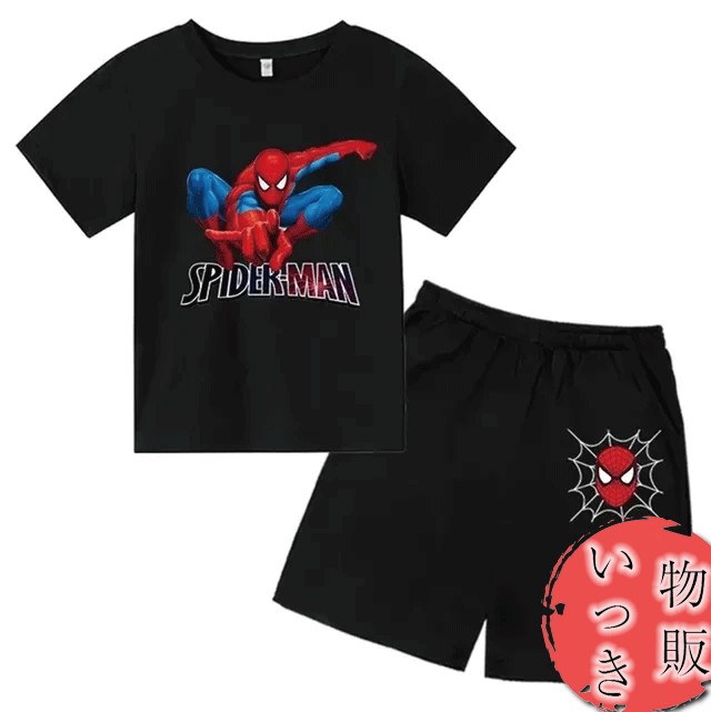 スパイダーマン ユニバーサル プリント 半袖Tシャツ＆短パン Tシャツ+ショートパンツ 半袖＋半ズボン 短パン パジャマ 上下セット 100cm-