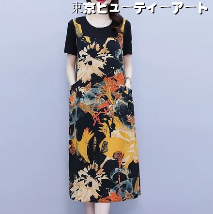 ワンピース 重ね着風 ひざ丈 半袖 ラウンドネック Tシャツ 美ライン ニュアンス 和柄 カジュアル フェイクレイヤード 大人可愛い 上品 お