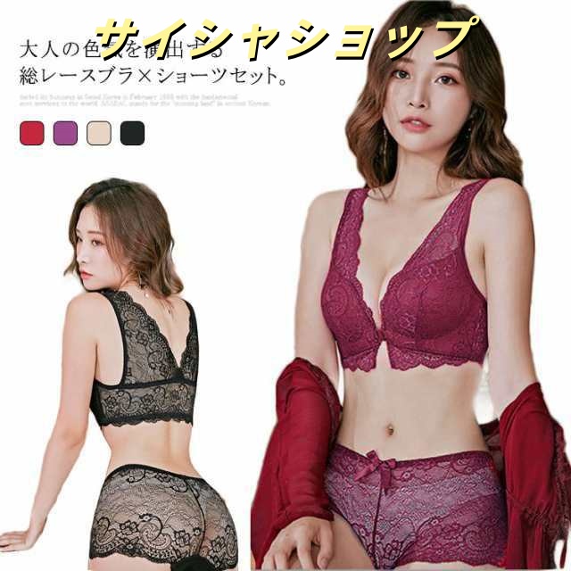 送料無料 全20サイズ 総レース ブラジャー ショーツ 上下セットアップ フロントフック 見せブラ 透け感 総レースショーツ 脇肉キャッチ 寄せ 盛れる ノーストレス 響かない インナー 下着