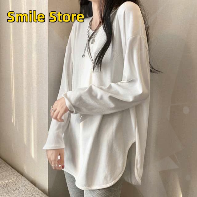 【Smile Store】大きいサイズ 夏 秋 ホワイト M L レディース 綿100％ トップス 冬 長袖 2XL ロングTシャツ ルームウエア Tシャツ XL 送料無料 春 サイドスリット シンプ