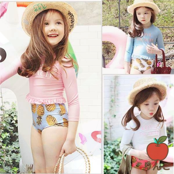 【りんご】パステル 子ども 子供水着 女の子 キッズ ショートパンツ 紫外線防止 みずぎ 長袖 ガールズ 水着 水着 DM便 トップス ラッシュガード