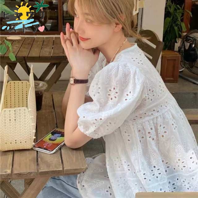 【ヒマワリストア】刺繍レースブラウス ブラウス レディース 春夏 トップス シャツ 七分袖 スキッパー レース 刺繍 フレア袖 スカラップ ギャザー ナチュラル フェミニン