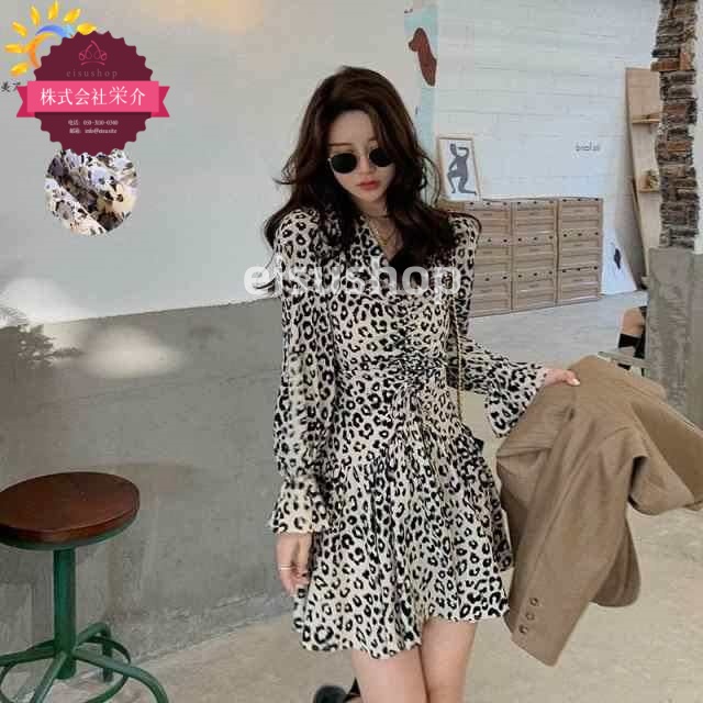 (eisushop)シャーリング 長袖 ワンピース ミニ丈 レディース 女性用 ネック おしゃ バックファスナー ヒョウ柄 フリル袖 ギャザー シフォン フリル袖 花柄