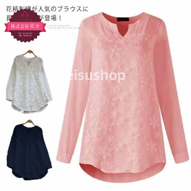 (eisushop)麻 長袖 カジュアル チュニック レース 送料無料 トップス 大きいサイズ 刺繍ブラウス 花柄 キーネック プルオーバーブラウス 切り替え 夏 レディース シャツ 花柄刺繍 母の日