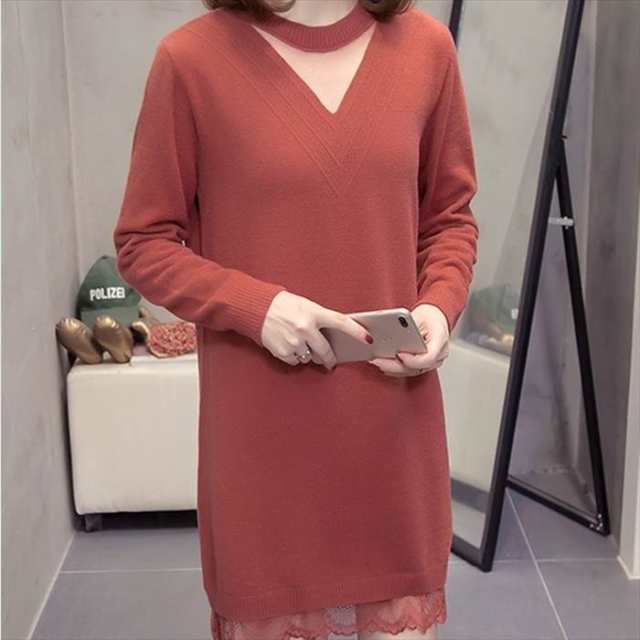 ワンピース レディース 3カラー XL 2XL 3XL レッド ブラック グリーン 長袖 リブ ニット セーター ニットワンピース レース 透け感 シアー ミニ丈 ローゲージ デザイン ハイウエスト
