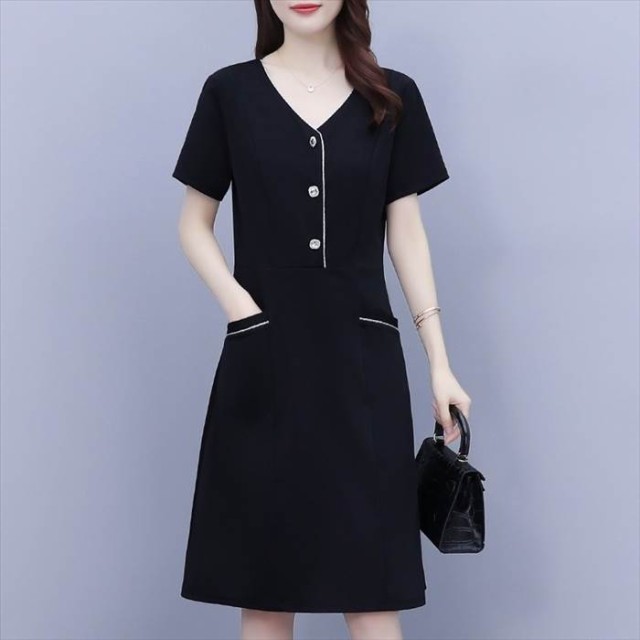 ワンピース レディース L XL 2XL 3XL 4XL 5XL ブラック 膝丈 無地 フレア Aライン Vネック 半袖 モノトーンカラー バイカラー ポケット デザイン ハイウエスト スタイルアップ