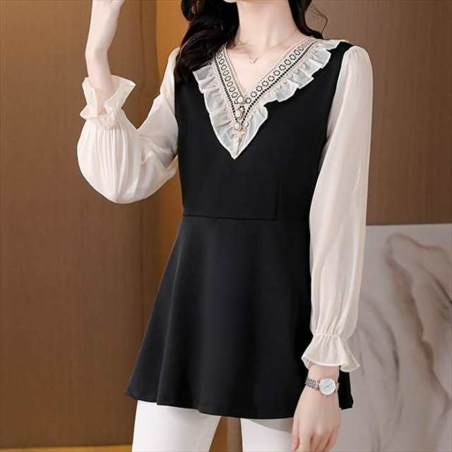 トップス シャツ レディース ブラウス L XL 2XL 3XL 4XL 5XL ペプラム ブラック バイカラー フリル シフォン レース パール プリーツ 長袖 薄手 透け感 クラシカル フェミニン