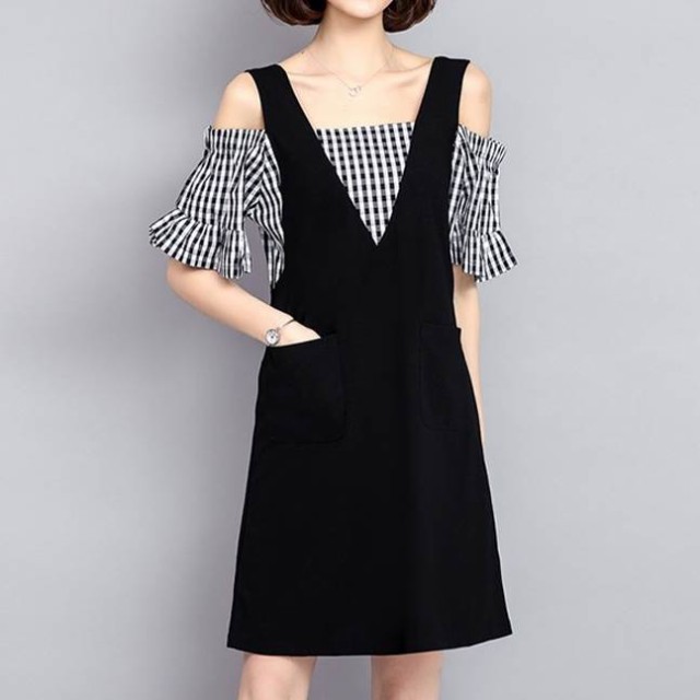 ワンピース レディース XL 2XL 3XL 4XL 5XL ブラック モノトーンカラー フェイクレイヤード 重ね着風 ポケット チェック柄 半袖 オープンショルダー Aライン 膝上 デザイン 華奢見