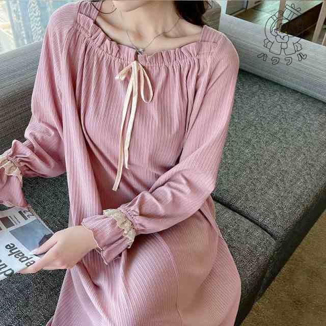 【パワフル】全4色 ネグリジェ ロング ワンピース ルームウェア レディース パジャマ ゆったり 寝巻き 女性用 部屋着 長袖 大人 お姫様風 フリル 春秋 綿 コットン 柔らか ロング丈 ナイトウェ