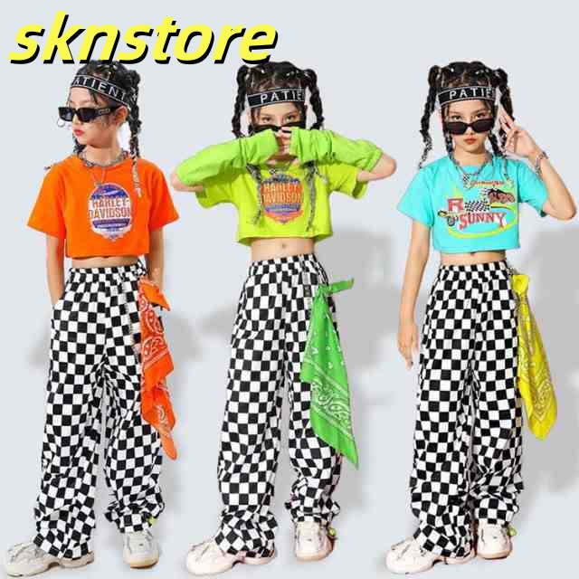 チェック柄 キッズ ダンス衣装 セットアップ 女の子 緑 おしゃれ かっこいい ファッション 白 ショート トップ へそ出し 肩だし 袖 シャツ トップス ロングパンツ