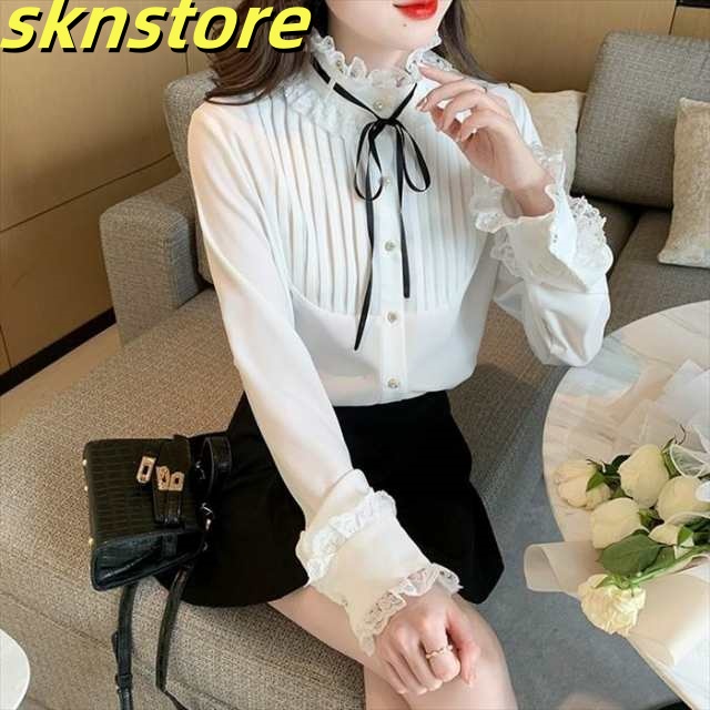 トップス レディース S M L XL 2XL ホワイト 長袖 ブラウス レース スタンドネック フリル リボン シフォン ボタン デザイン シアー シースルー 透け感 シンプル きれいめ フェミニン