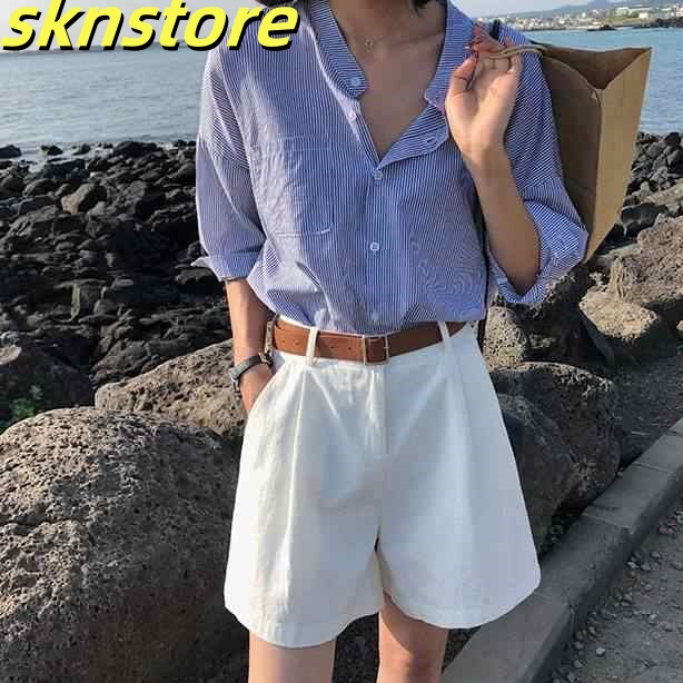 上下セット トップス ボトムス レディース S M L XL ブルー ホワイト 2点セット セットアップ お得 バンドカラー シャツ ボタン ドロップショルダー ストライプ柄 ポケット デザイン