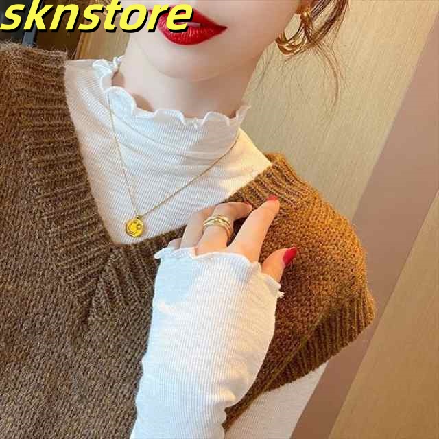 トップス レディース 5カラー S M L XL ホワイト イエロー ブラック ブラウン ブルー リブ ニット メロウ フリル ハイネック モックネック 長袖 伸縮性 ロングTシャツ デザイン シンプ