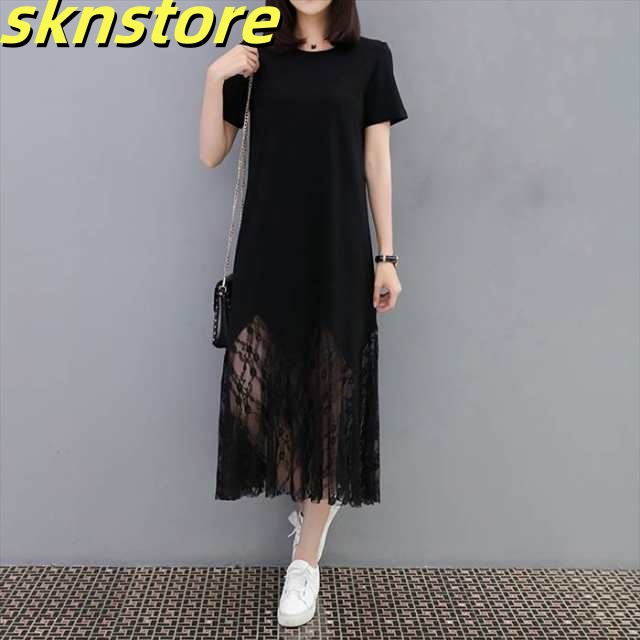 ワンピース ドレス レディース M L XL 2XL 3XL 4XL ブラック 半袖 ラウンドネック 無地 レース シアーヘム 裾レース シースルー 透け感 デザイン ゆったり 体型カバー リラクシー