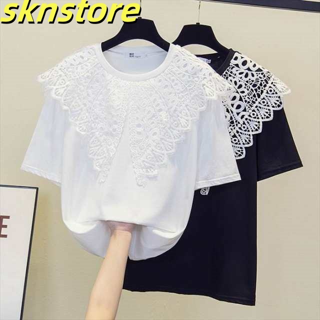 トップス レディース 2カラー L XL 2XL 3XL 4XL ブラック ホワイト モノトーンカラー 半袖 Tシャツ プルオーバー クルーネック レース ビッグカラー風 デザイン 体型カバー 小顔効