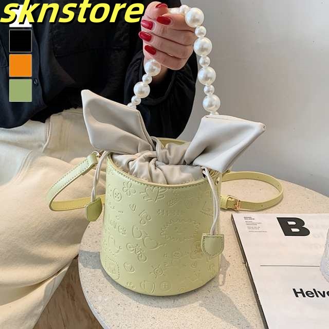バッグ レディース ハンドバッグ ショルダーバッグ マザーズバック 2way パール 巾着 イラスト 個性的 グリーン オレンジ ブラック ホワイトリラックス 母親 繊細 ナチュラル レディース イベ