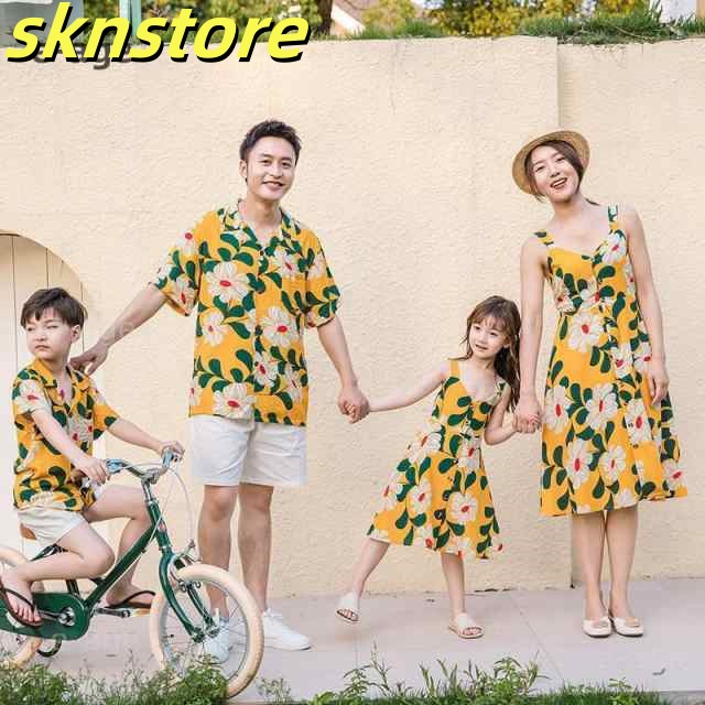 アロハシャツ メンズ キッズ 親子 リンク コーデ 親子 ペアルック 親子お揃い 母の日 親子ペア カップル服 花柄リゾートワンピース 上下セットアップ 夏 海