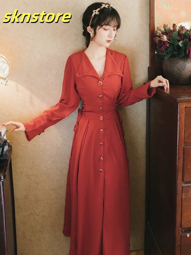 ロングワンピース フレア 長袖 秋ワンピース 秋ワンピ ワンピース ワンピ レディース 無地 ハイウエスト フロントボタン 立て襟