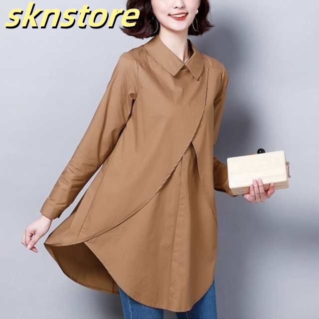 シャツ トップス レディース イレヘムチュニックシャツ 襟付き ブラウス チュニック 長袖 ロングシャツ フレアシャツ カーキ ブラック 黒 大人可愛い きれいめ 上品 エレガント フォーマル ガーリ