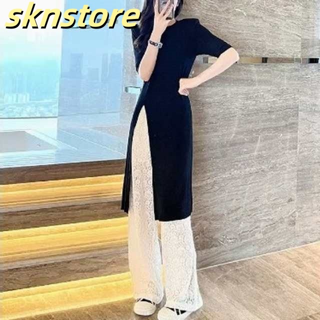 セットアップ レディース パンツセットアップ スリット入りロングシャツ＋レースワイドパンツ 2点セット 上下セット ツーピース 半袖 深スリット ワンピース シアーパンツ レース バイカラー 黒 白 