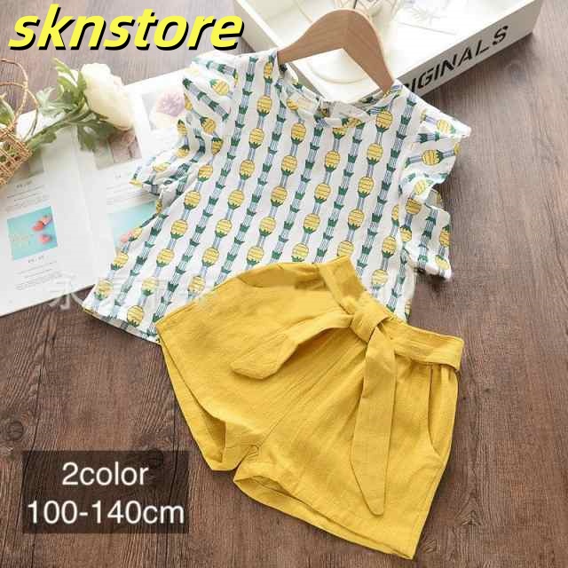 セットアップ 上下2点セット ブラウス ショートパンツ ノースリーブ フリル キッズ ジュニア 子供服 女の子 トップス ボトムス リボン 短パン パ