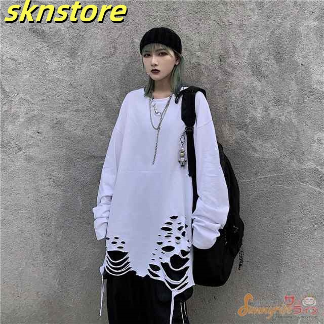 レディース ダンス衣装 無地裾ダメージ加工 カット 切り込み 長袖Tシャツ ビッグシルエット トップス コスチューム ヒップホップ 原宿系 派手 個性的