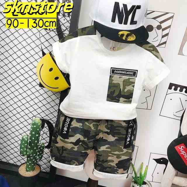 セットアップ ２点セット キッズ ベビー Ｔシャツ 半袖 カットソー ラウンドネック ショートパンツ 短パン 半ズボン 迷彩 胸ポケット カジュアル
