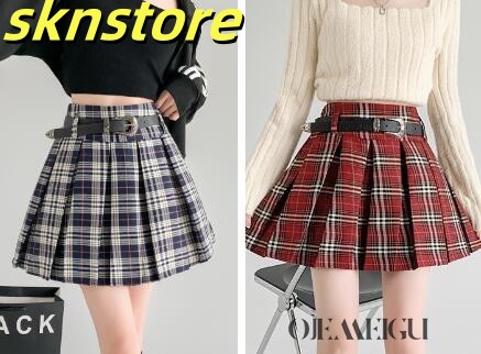 プリーツスカートキュロットスカパンチェック柄ベルトレッド赤ネイビーハイウエストミニスカミニ膝上ひざ丈ボトムスダンス衣装ヒップホップHIPHOPレディースガールズkpop韓国ストリート個性的奇抜派手