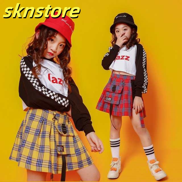 キッズダンス衣装 ヒップホップ HIPHOP チェック チア チアガール セットアップ ダンストップス スカート イエロー 子供 女の子 ガールズ ステージ衣装 練習着