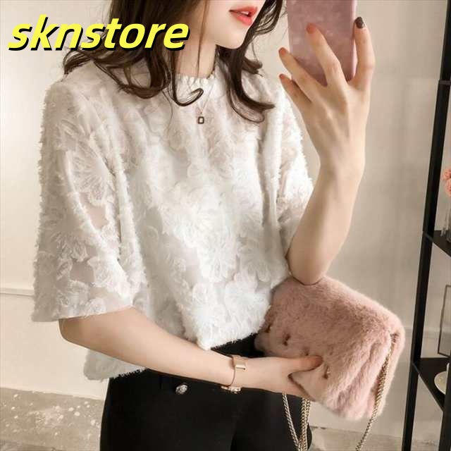 トップス Tシャツ ブラウス 半袖 レディース レディースTシャツ レディースブラウス シースルー モックネック 花柄 フラワー レース ルーズレース かわいい きれいめ 大人かわいい 大人 上品 お