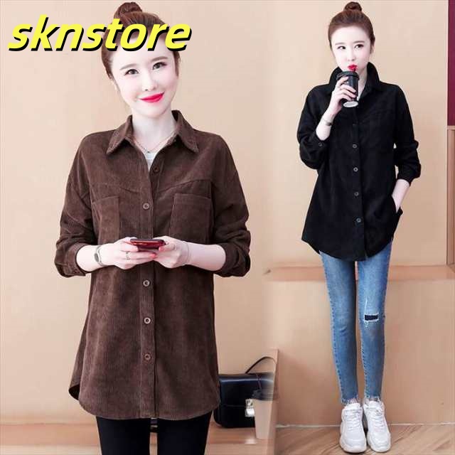 トップス レディース 2カラー シャツ ロングシャツ L XL 2XL 3XL 4XL 5XL ブラウン ブラック カラバリ 長袖 長め丈トップス 羽織り チュニック ボタン ポケット コーデュロイ