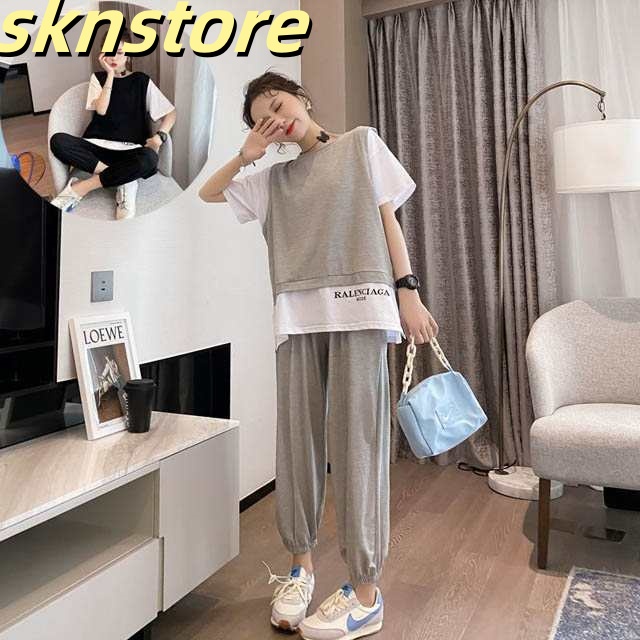 セットアップ レディース 夏 ジャージ 女 tシャツ ズボン 2点セット tシャツセット 女性 カジュアルウェア ゆったり スポーツウェア 2色/S-2XL