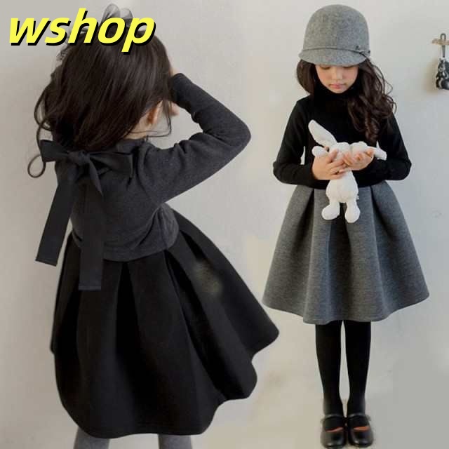 女の子 ワンピース ブラック グレー 春 秋 冬 裏起毛 リボン 100cm 110cm 120cm 130cm 140cm 150cm 160cm 子供服オールインワン