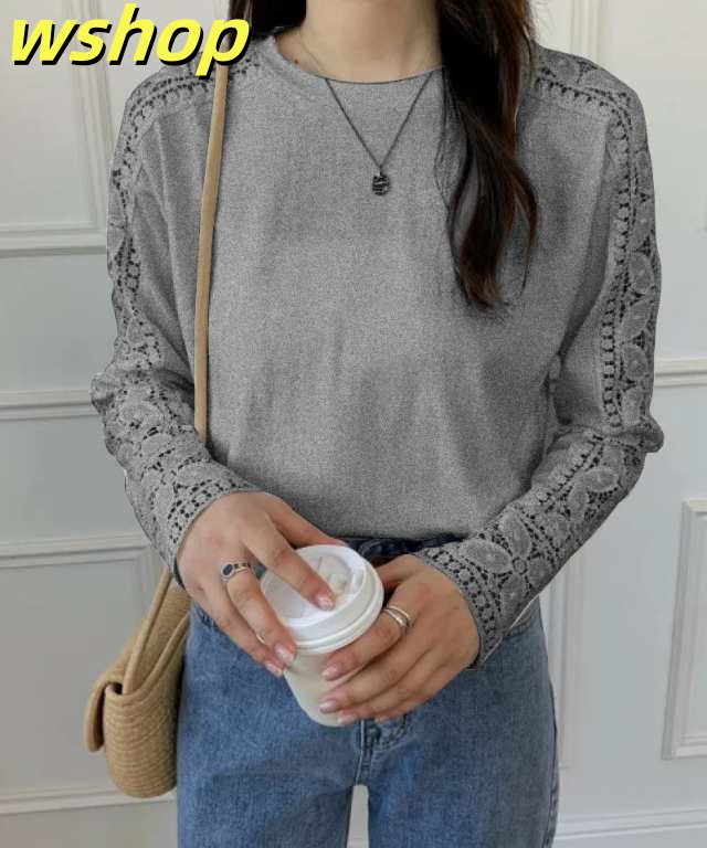 tシャツ レディース 長袖 レース 刺繍 ゆったり カジュアル Uネック クルーネック トップス きれいめ カジュアル 大きいサイズ オーバーサイズ 春 シンプル レイヤード インナー 重ね着