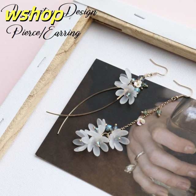 ロングピアス ロングイヤリング アクセサリー レディース ピアス イヤリング ロング アシンメトリー お花 花 フラワー 半透明 オーロラカラー ビー