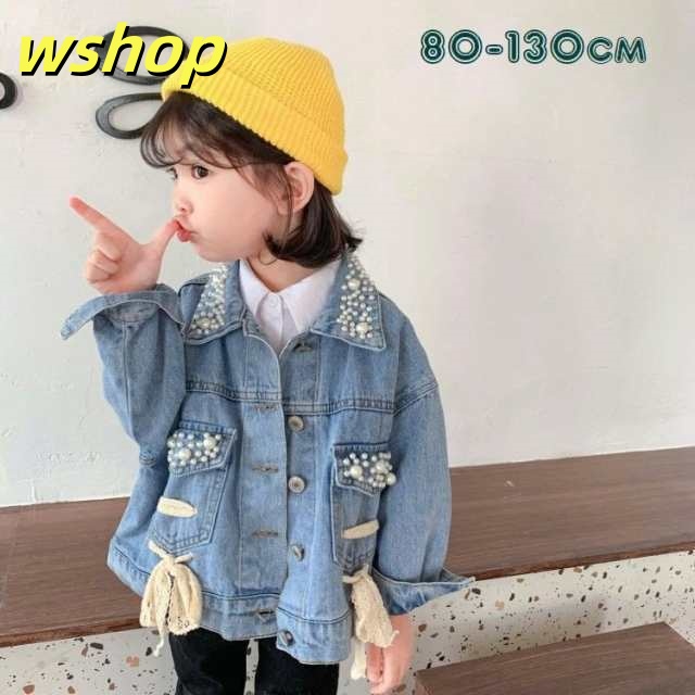 デニムジャケット キッズ 子供 アウター ステンカラー ビジュー パール風 リボン カジュアル ラフ おしゃれ かわいい 女の子
