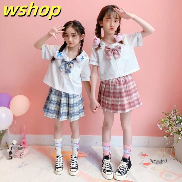 子供服 キッズ 制服 上下セット 夏着 女の子 セットアップ ユニフォーム ホワイト シャツ+スカート+リボン 3点セット 半袖 ラペル チェック柄 110-170