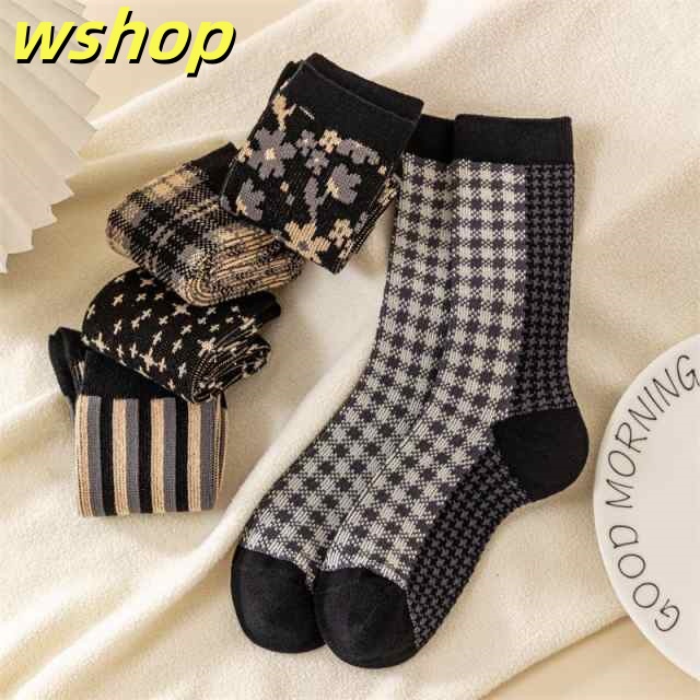 靴下 ソックス 5足セット くつ下 ハイソックス socks 可愛い 女の子 レディース 防寒 花柄 レトロ カラフル ジャカード 原宿風 チェック柄 サンタクロース