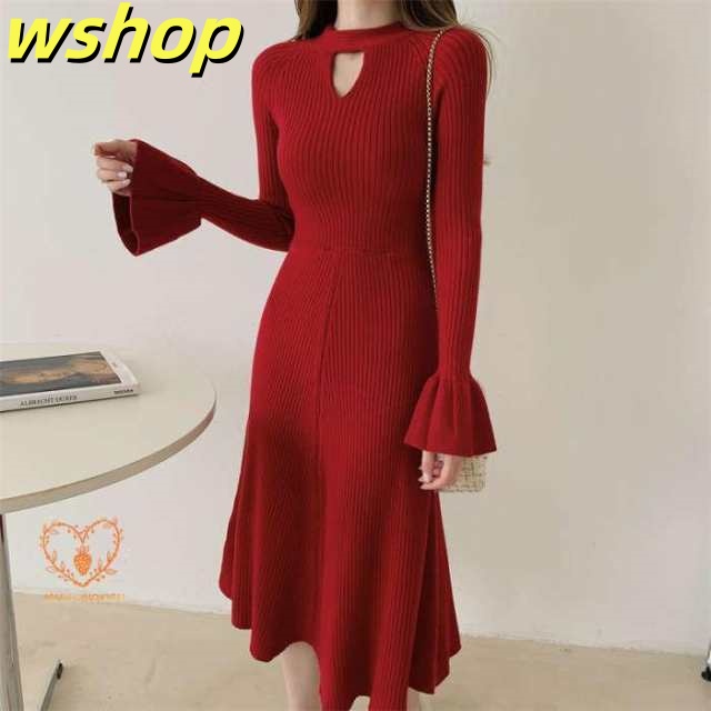 ワンピース レディース 前後2WAY ニットワンピース ハイネック 無地 秋 冬 ロング ニットワンピ レイヤード リブニット ニット 長袖 カットソー Aラインワンピー