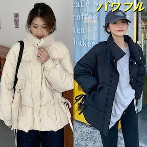レディース 2カラー ダウン ジャケット ミディアム丈 ショート丈 アウター リボン 個性的 ダウンコート ウエスト 絞り 長袖 ジッパー