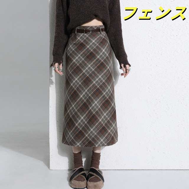 毛混紡 チェック柄 ミディスカート 女性用 秋冬新作 ハイウエスト Aラインスカート ヒップハグスカート スリット入り チェック柄 ロングスカート ベルト付き ファッション 高級感 ロングスカート