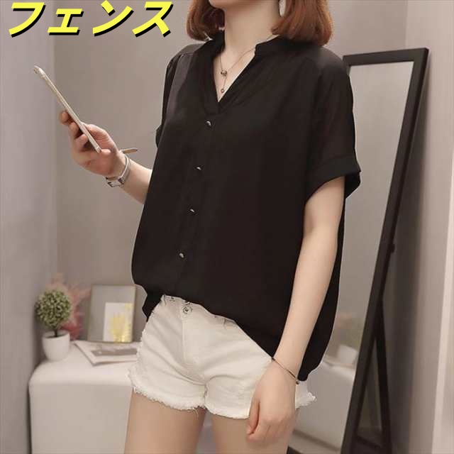 トップス レディース XL 2XL 3XL 4XL ブラック シャツ ブラウス 半袖 シフォン Vネック バンドカラー プルオーバー メタルボタン シアー 透け感 デザイン ゆったり ルーズ 体型カバ