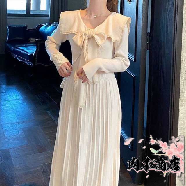 ワンピース レディース ニットワンピース セーラーカラー Aライン セーラー服風 ひざ丈 膝下 ミモレ丈 ロング丈 袖あり 長袖 襟付き プリ