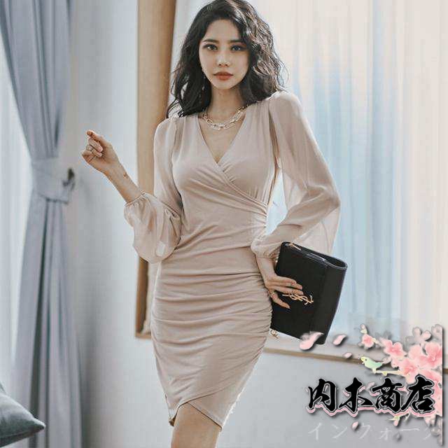 シフォンワンピース パフスリーブ タイトワンピース Vネック 長袖 膝丈 ワンピース ドレス 20代 30代 韓国風 大人 キャバドレス
