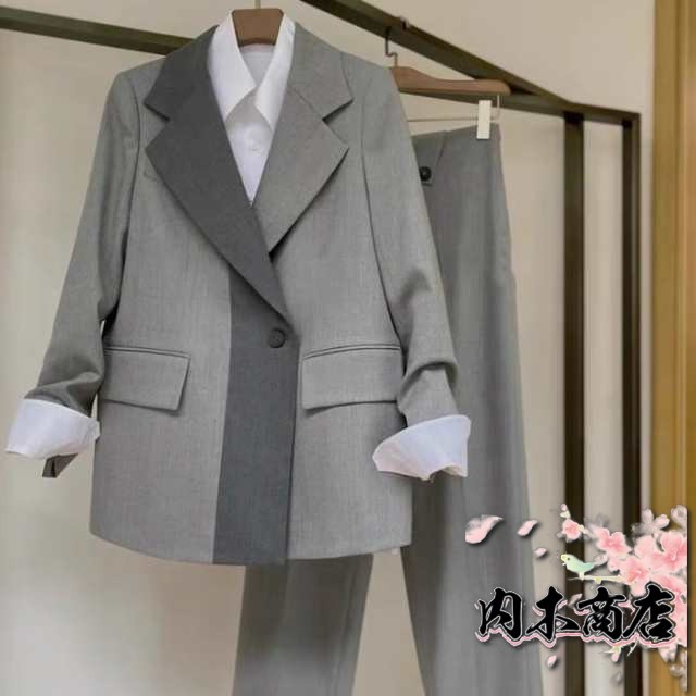 セットアップ スーツ フォーマル ジャケット パンツ 2点セット 長袖 ビッグシルエット ワイドパンツ グレー 切替 個性的 大人可愛い かっ