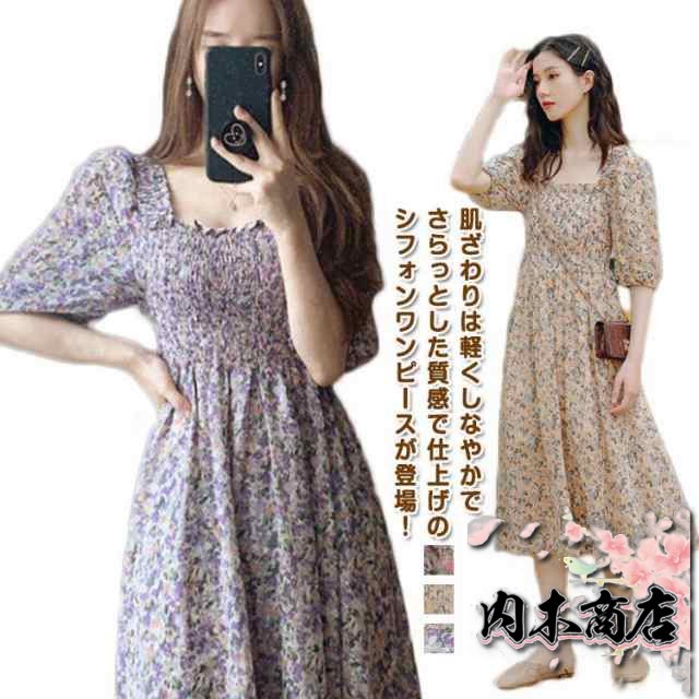 リゾートシフォン 花柄ワンピース 半袖 ワンピース 夏 レディース ウエストゴム シフォン ワンピース 夏 レディース ロング ワンピ 薄手 透け感 体型カバー ふんわり 花柄 きれいめ 大きいサイズ