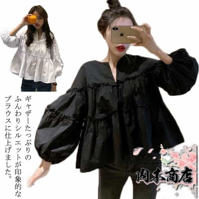 【送料無料】ブラウス レディース 長袖 タック Vネック ゆったり 体型カバー メロー ギャザー カジュアル 大人 可愛い 韓国 春 夏 秋 着やせ 20代 30代 40代 50代 白 ホワイト 黒 